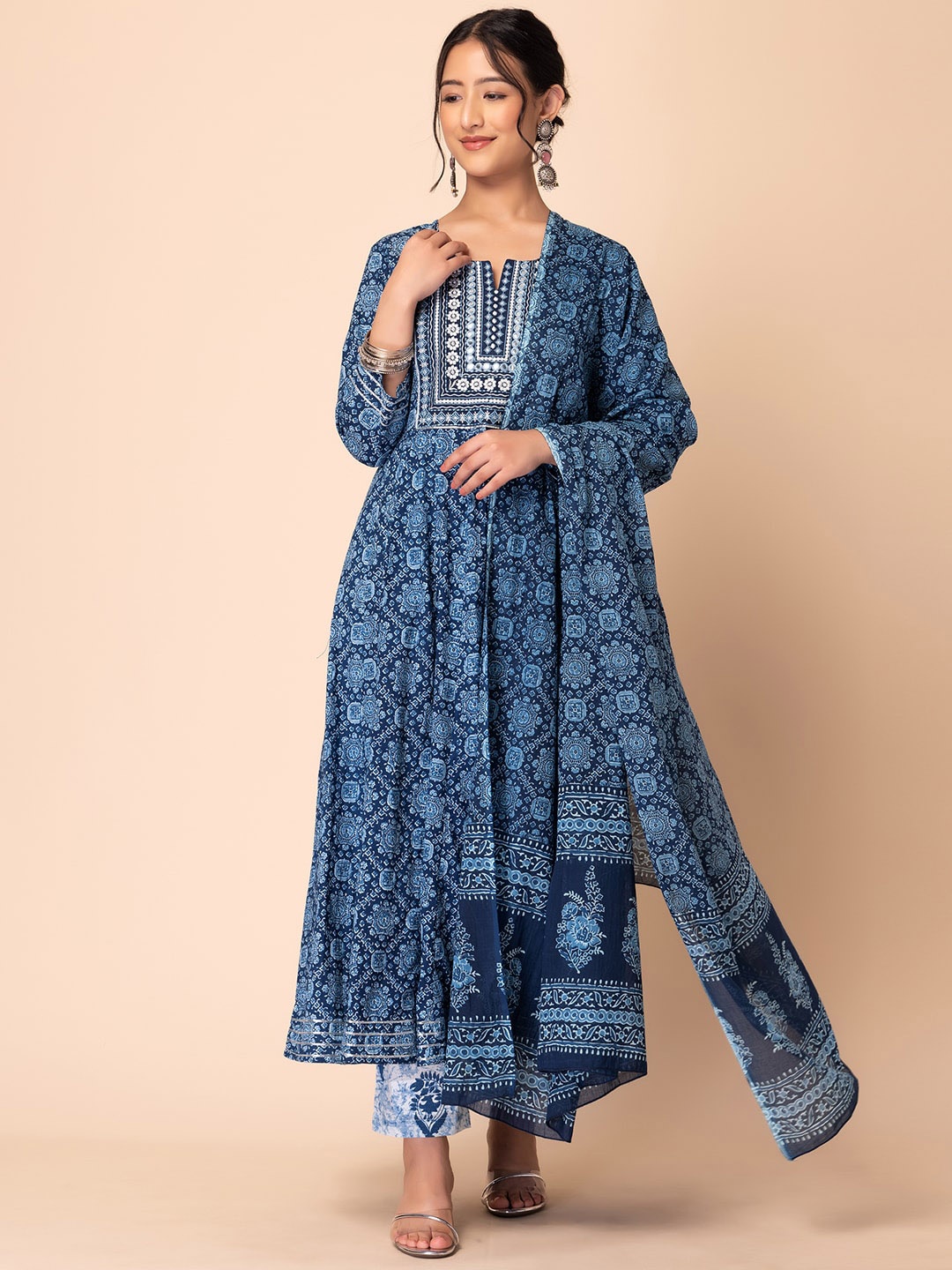 

INDYA Ethnic Motifs Printed Thread Work Pure Cotton Anarkali Kurta With Trousers & Dupatta, Blue