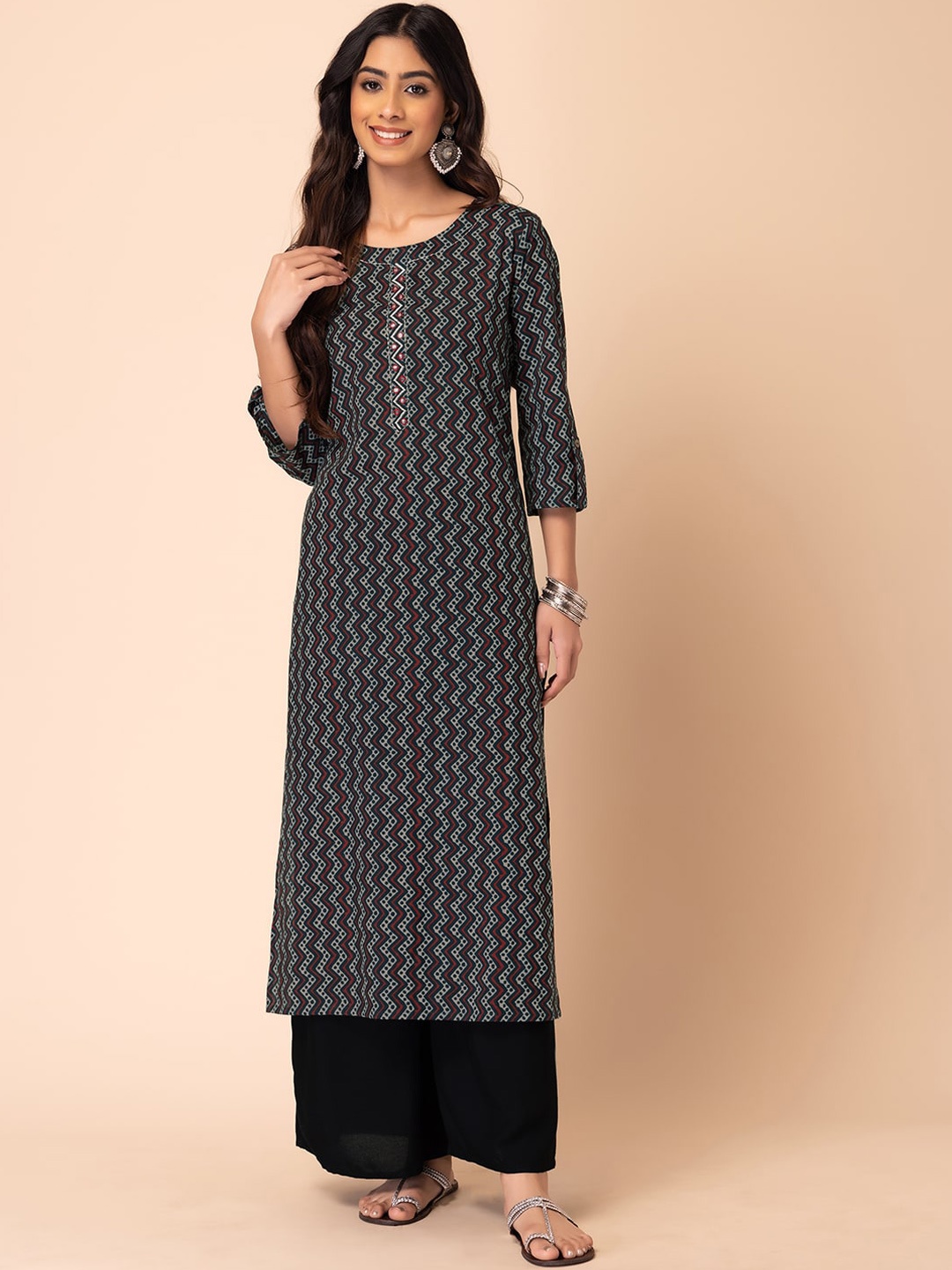 

INDYA Chevron Printed Pure Cotton Straight Kurta, Grey