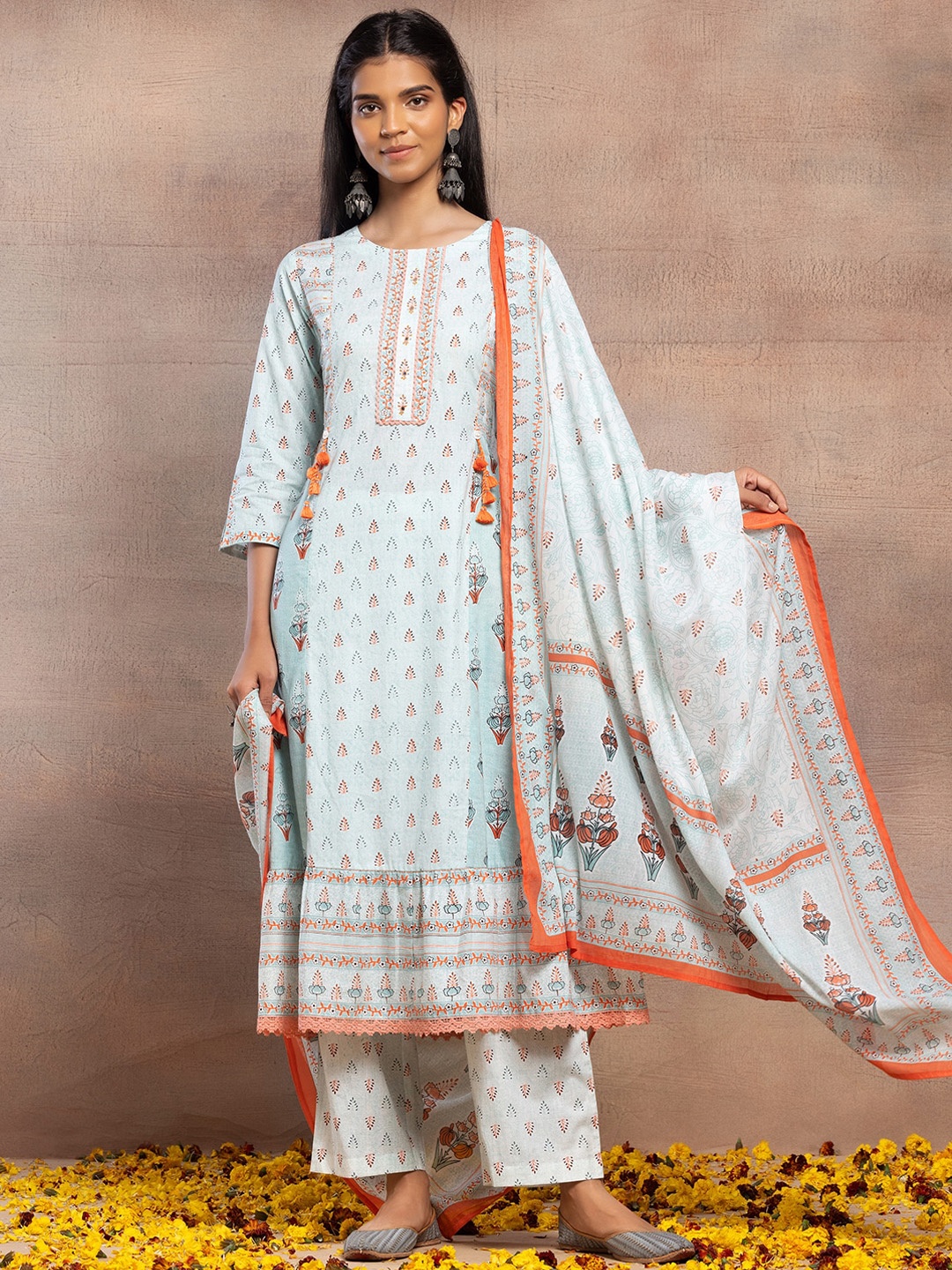 

INDYA Floral Printed Pure Cotton A-Line Tiered Kurta With Trousers & Dupatta, Blue