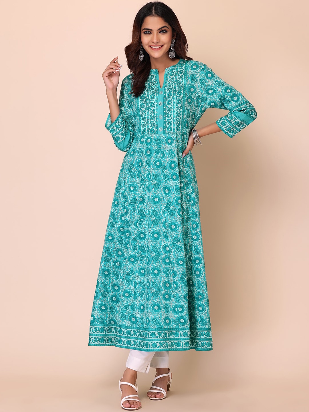 

INDYA Floral Printed Pure Cotton Anarkali Kurta, Blue