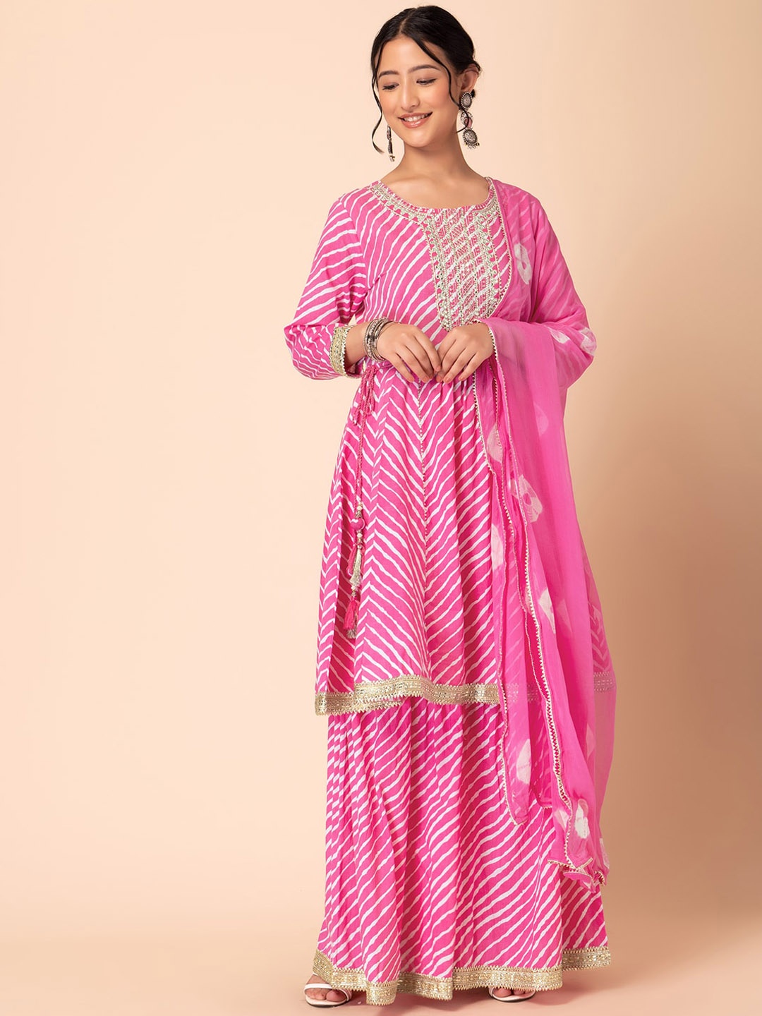 

INDYA Leheriya Printed Pure Cotton Round Neck Kurta With Sharara & Dupatta, Pink