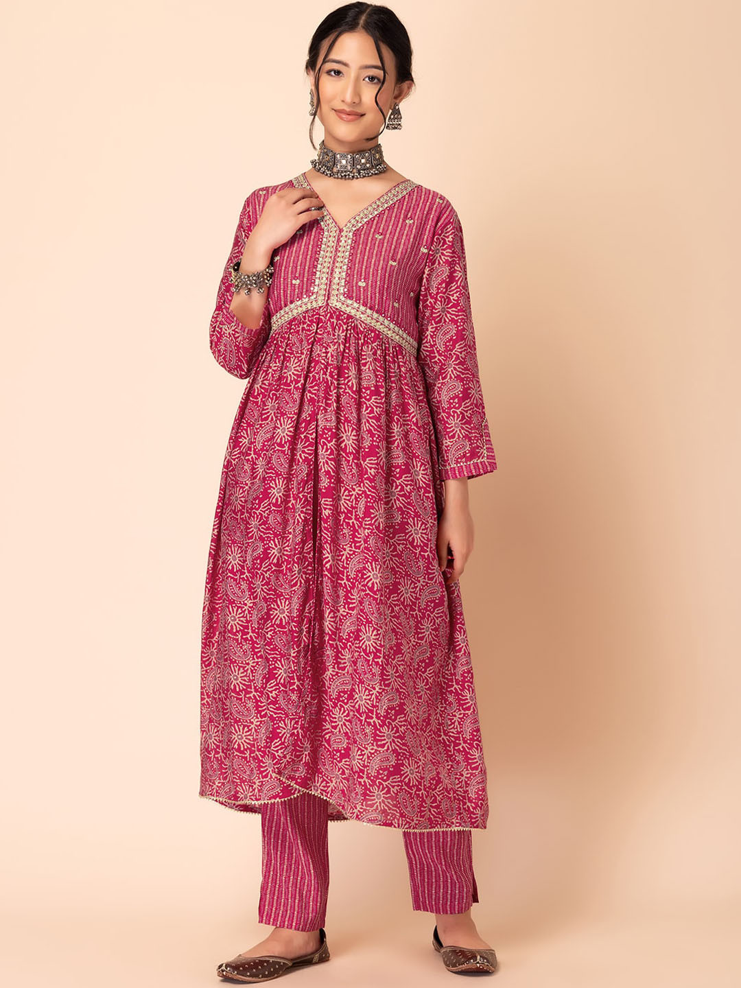 

INDYA Batik Printed Pure Cotton Round Neck Straight Kurta With Trousers, Pink