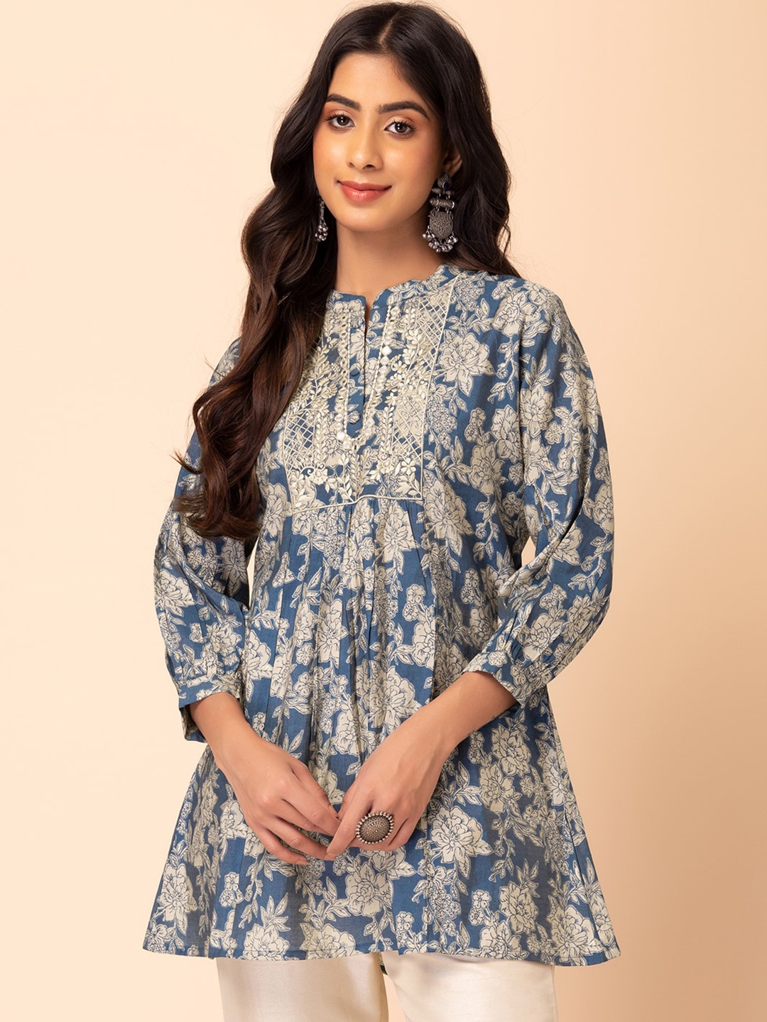 

INDYA Floral Embroidered Printed Mandarin Collar Three-Quarter Sleeves Kurti, Blue