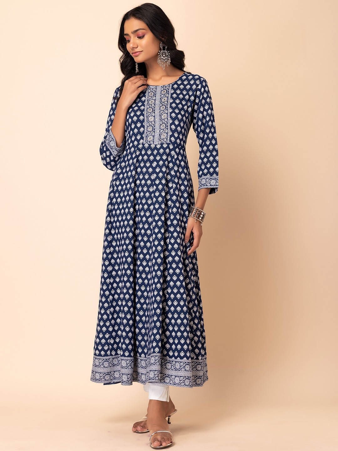 

INDYA Batik Printed Round Neck Three-Quarter Sleeves Anarkali Kurta, Blue