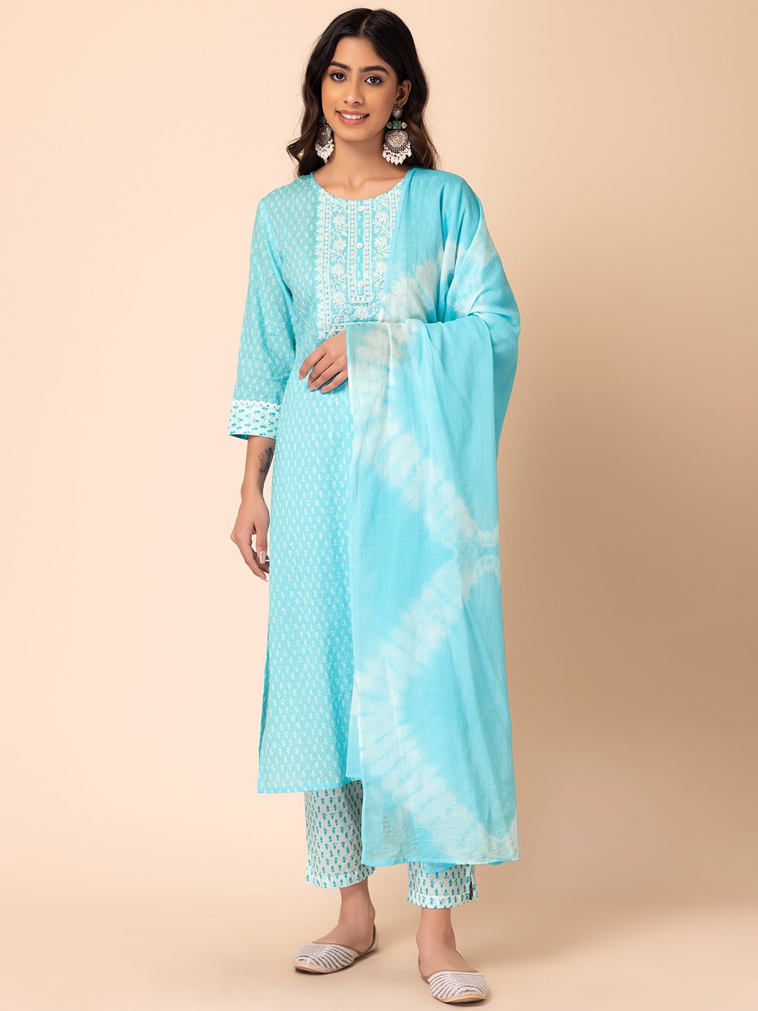 

INDYA Batik Printed Pure Cotton Round Neck Kurta With Trousers & Dupatta, Blue