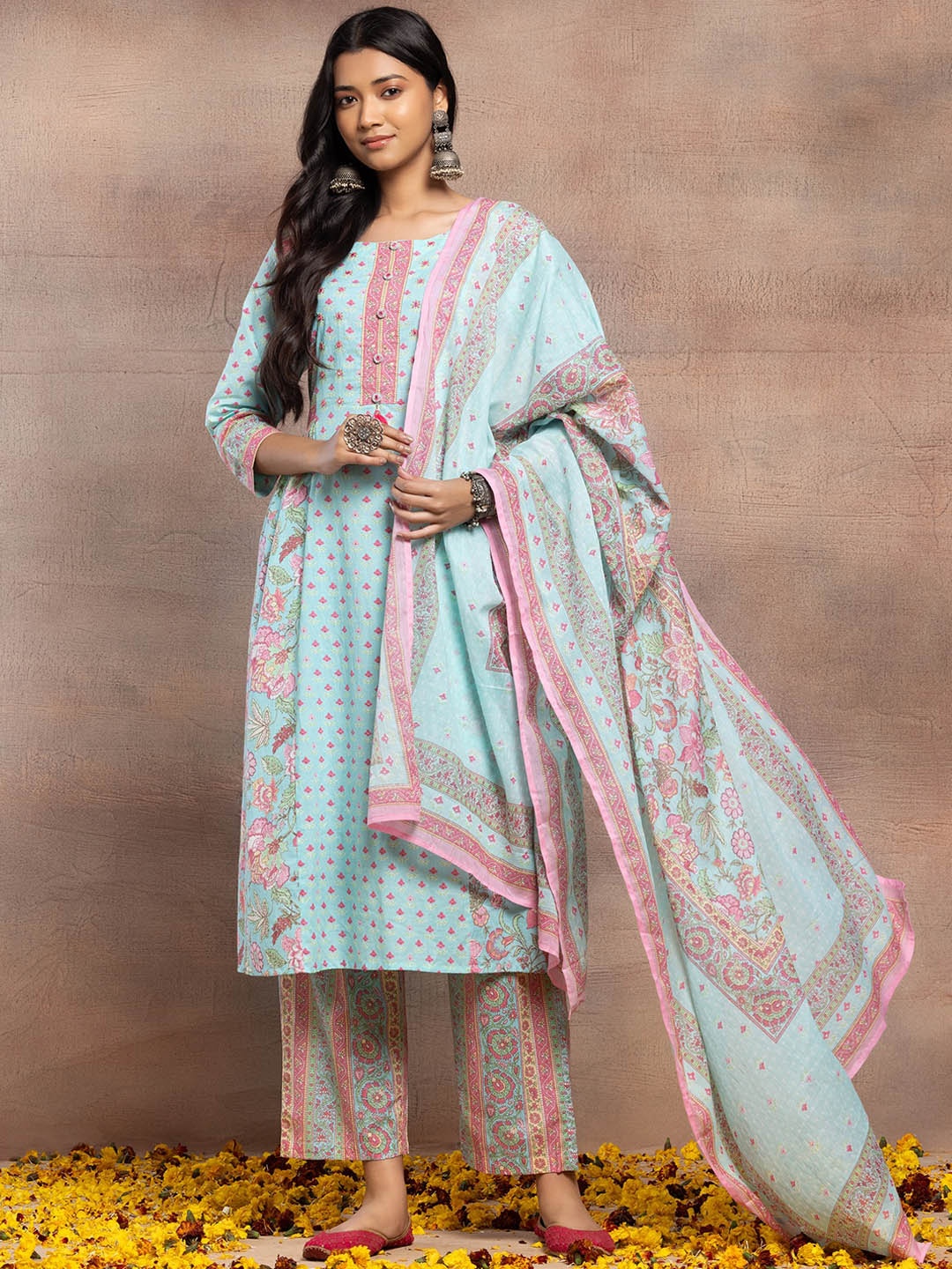 

INDYA Floral Printed Pure Cotton A-Line Kurta With Trousers & Dupatta, Blue