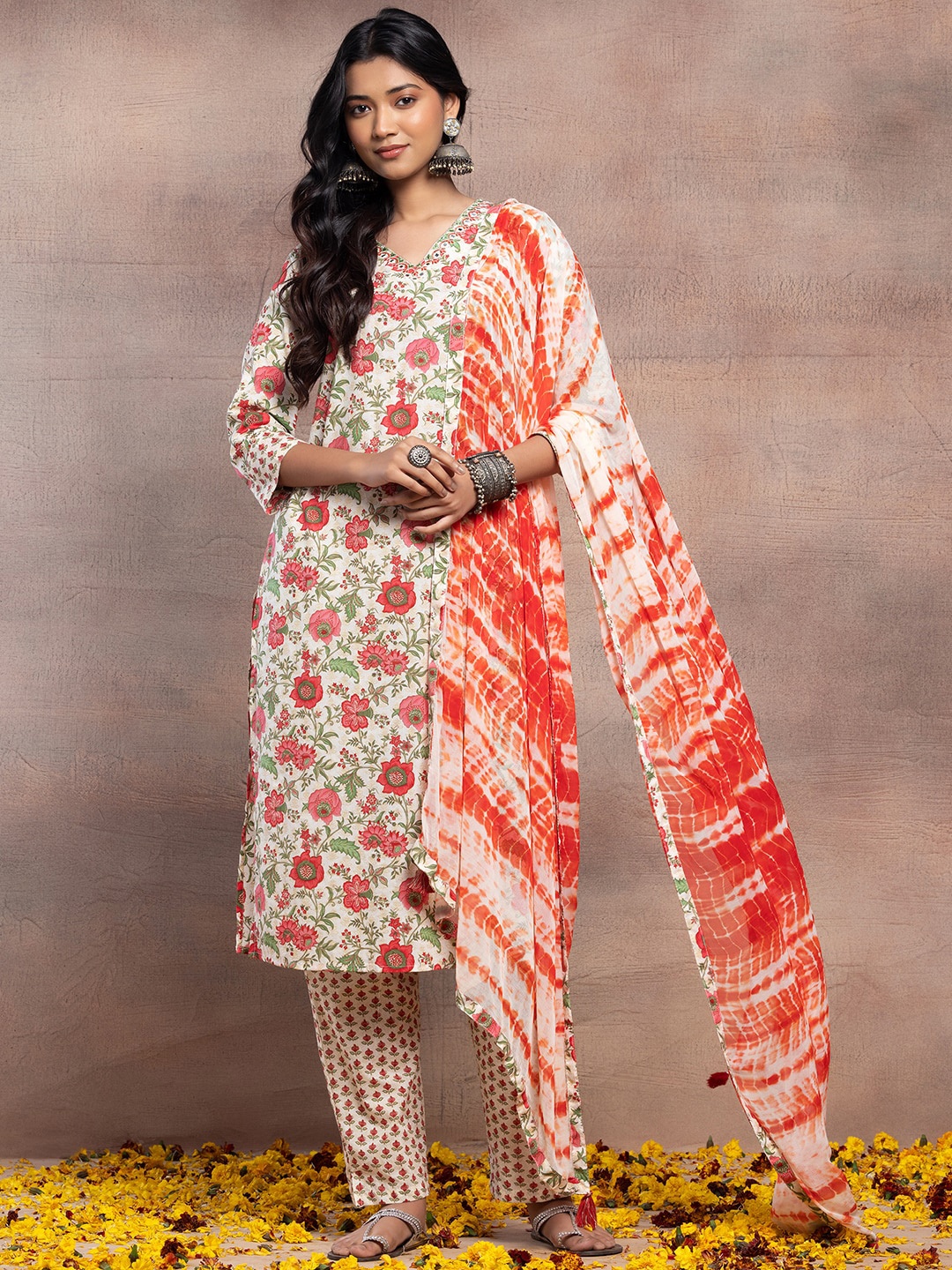 

INDYA Floral Printed Pure Cotton V-Neck Kurta With Trousers & Dupatta, White