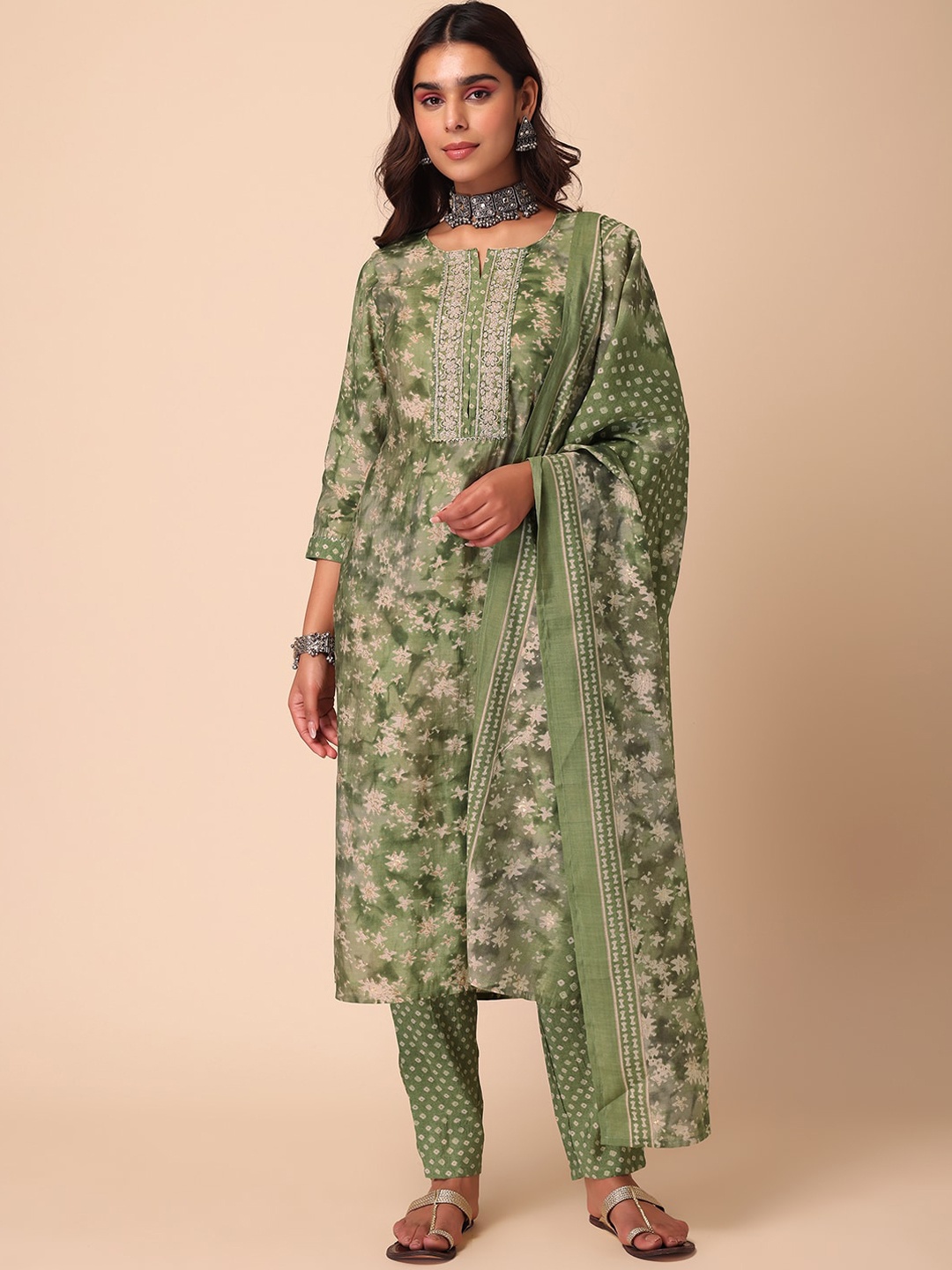 

INDYA Floral Printed Pure Cotton Round Neck Kurta With Trousers & Dupatta, Green