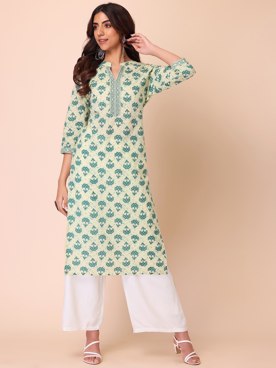 

INDYA Floral Printed Mandarin Collar Three-Quarter Sleeves Pure Cotton Straight Kurta, Green