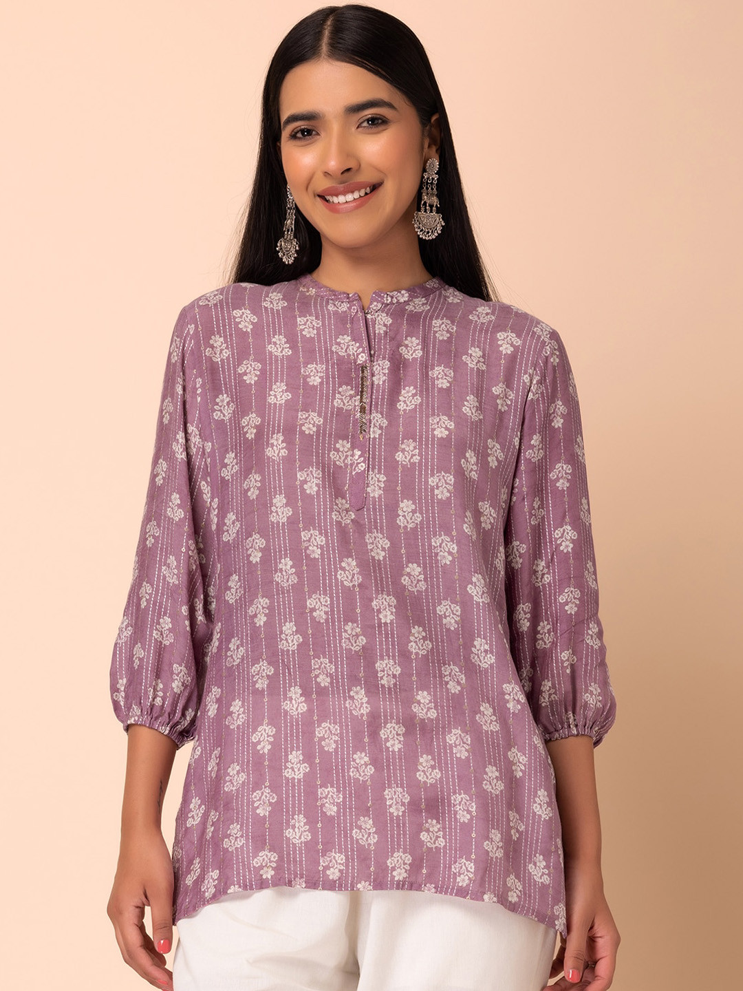 

INDYA Floral Printed Printed Mandarin Collar Three-Quarter Sleeves Pure Cotton Kurti, Pink
