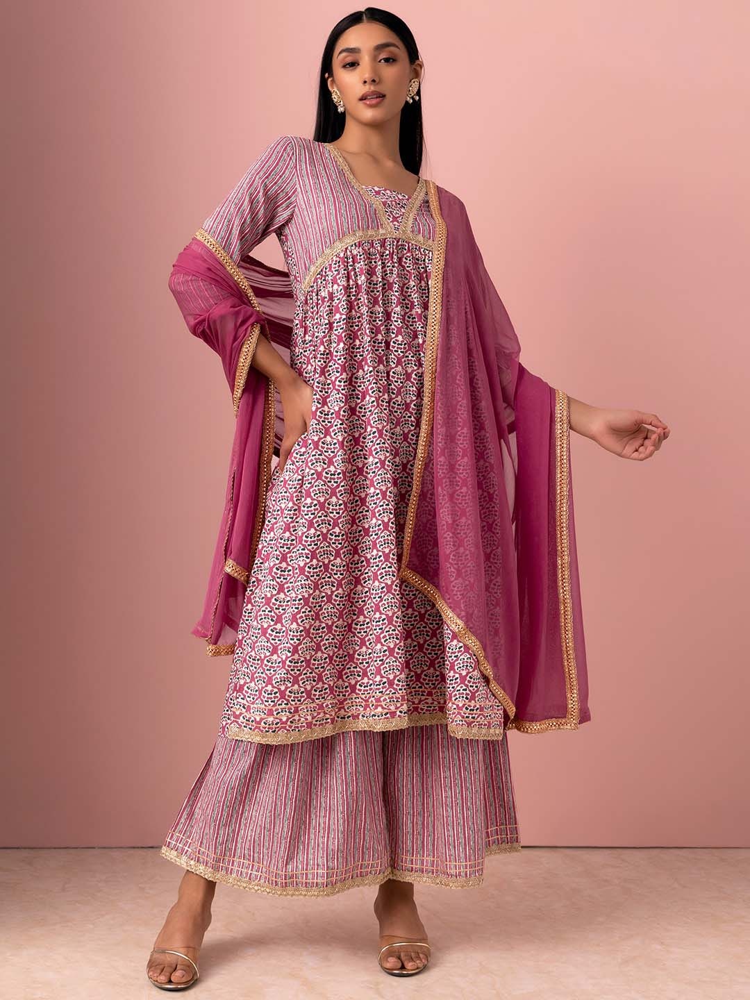 

INDYA Batik Printed Pure Cotton V-Neck A-Line Kurta With Trousers & Dupatta, Pink