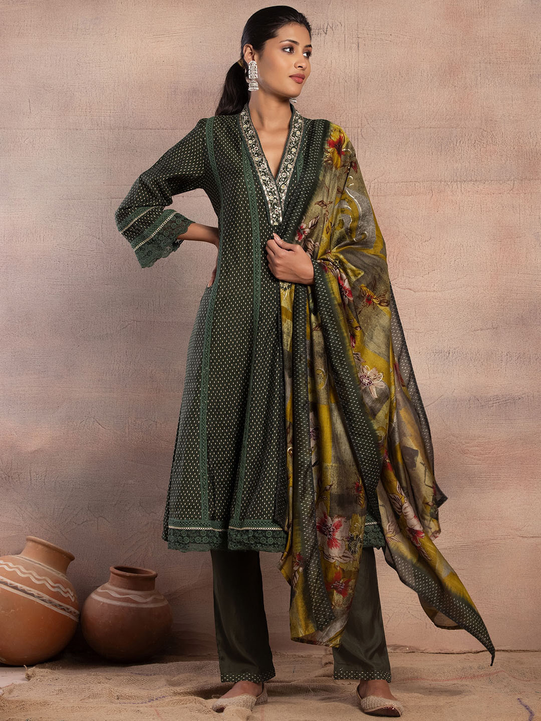 

INDYA Polka Dot Printed Beads and Stones V-Neck A-Line Kurta With Trousers & Dupatta, Green