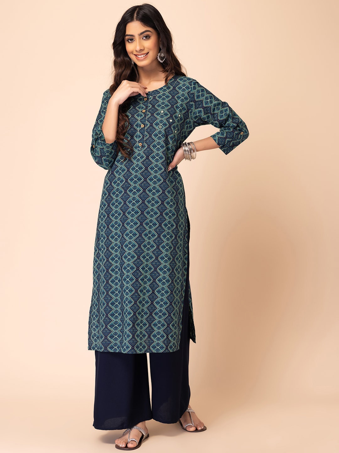 

INDYA Geometric Printed Pure Cotton Round Neck Straight Kurta, Green