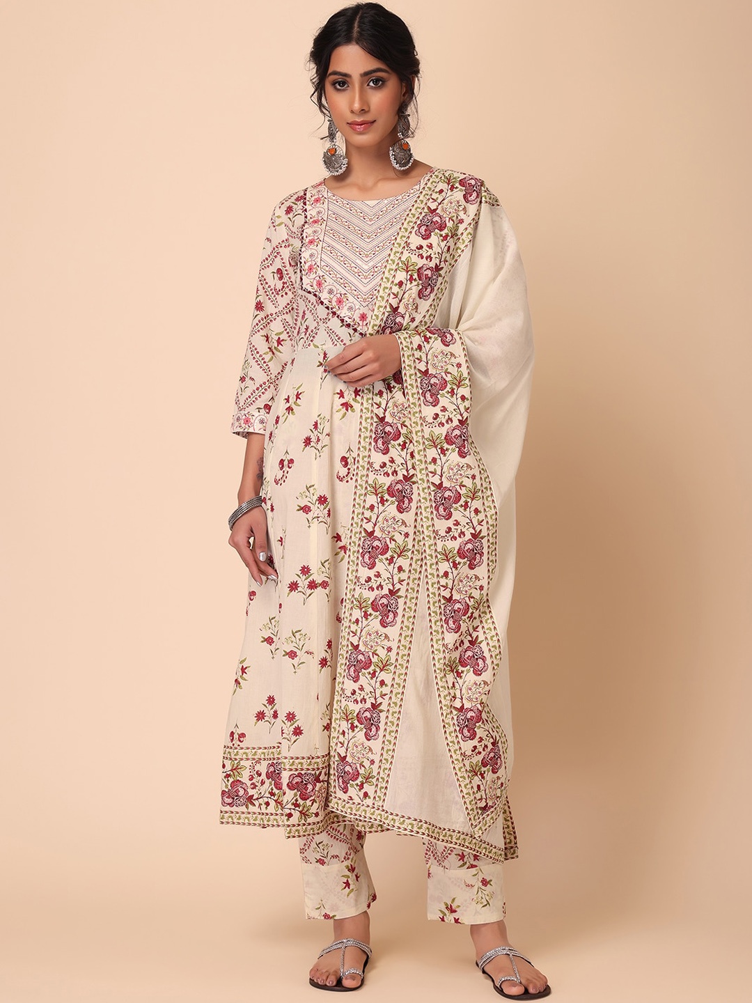 

INDYA Floral Printed Thread Work Pure Cotton Anarkali Kurta With Trouser & Dupatta Set, White