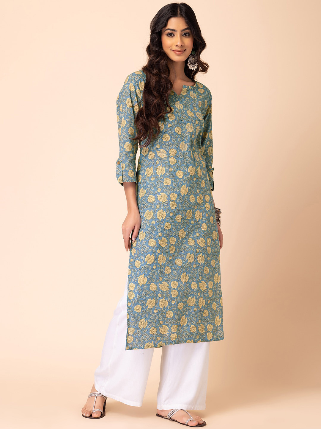 

INDYA Floral Printed Cotton Straight Round Neck Kurta, Blue