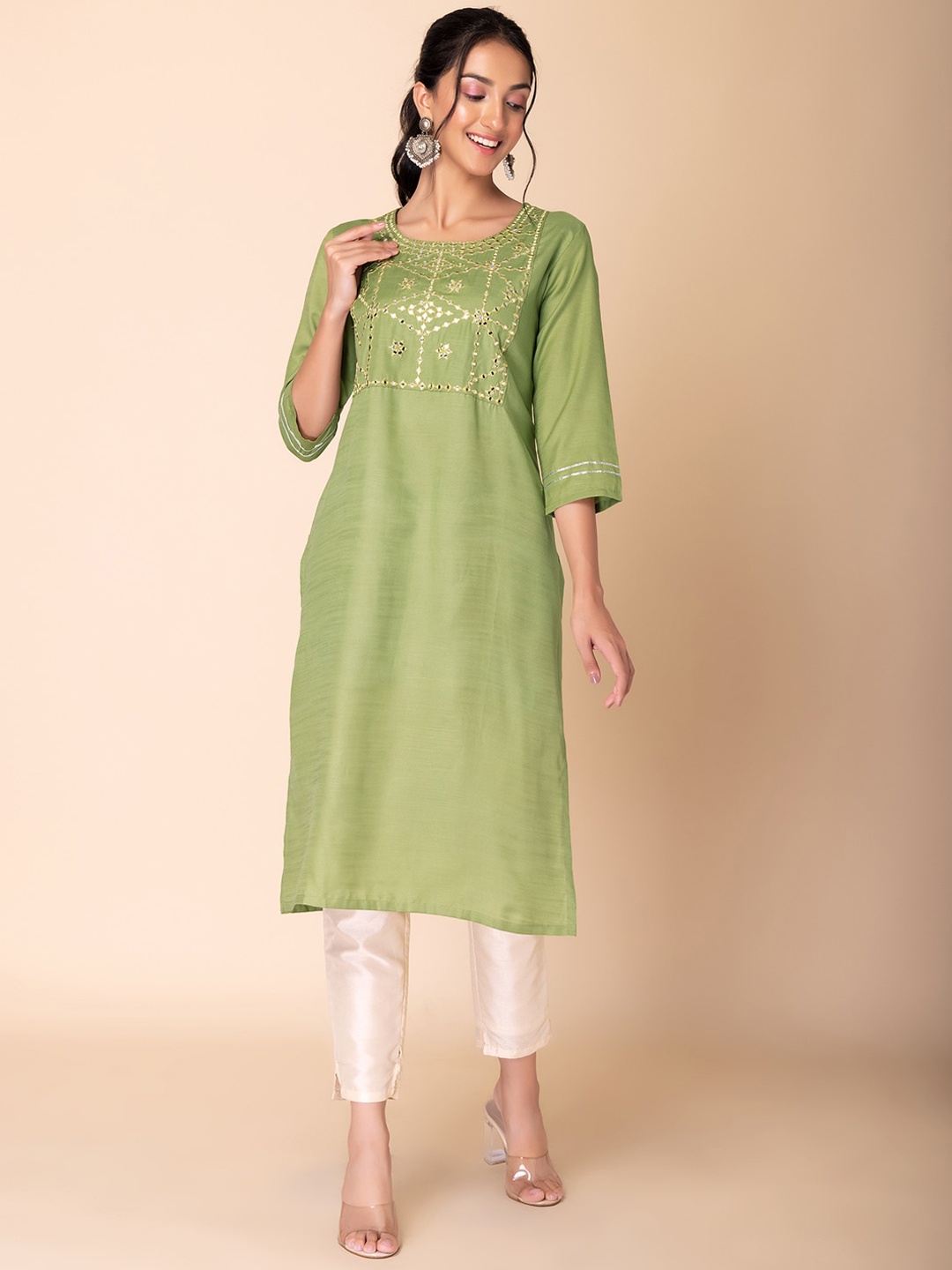 

INDYA Ethnic Motifs Embroidered Round Neck Straight Kurta, Green