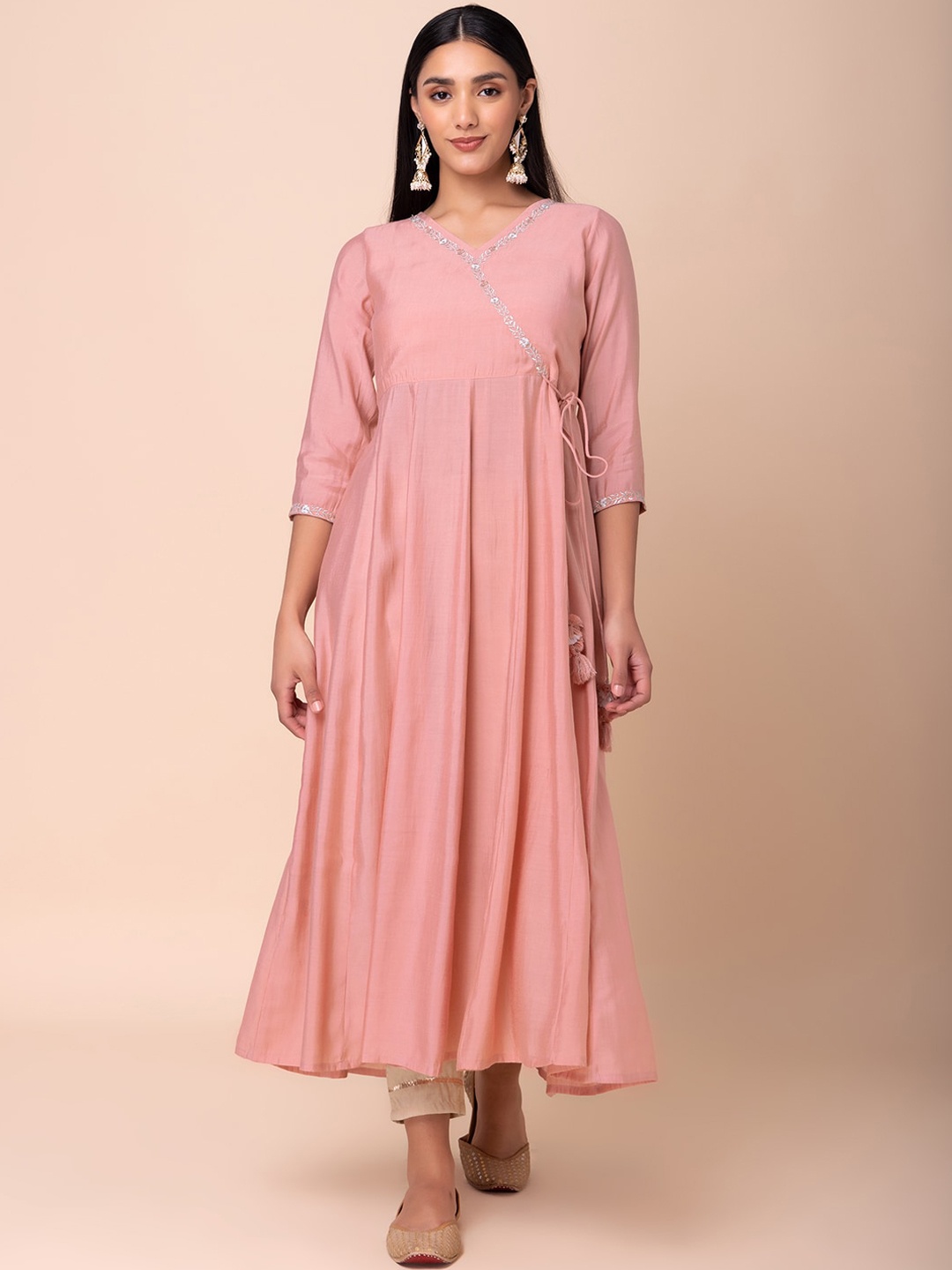 

INDYA Embroidered V-Neck Angrakha Kurta, Pink