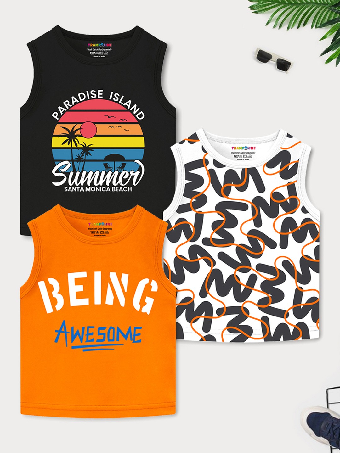 

Trampoline Boys Pack Of 3 Typography Printed Cotton Sleeveless T-shirts, White