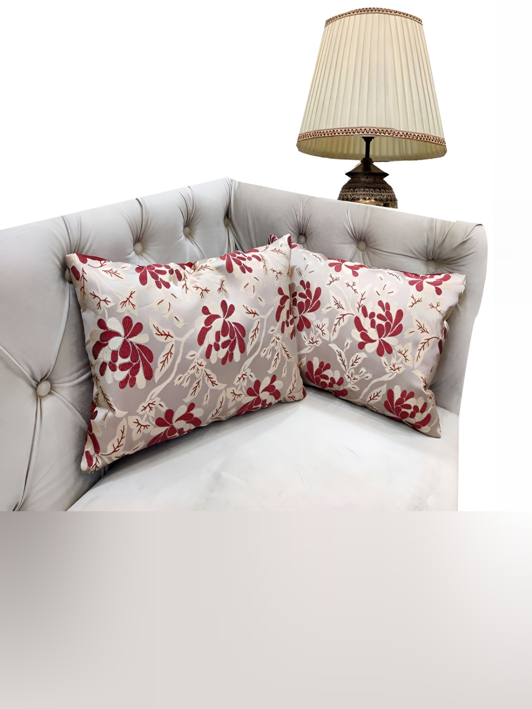 

Good Vibes Maroon & Grey 2 Pieces Floral Self Design Rectangle Cushion Covers
