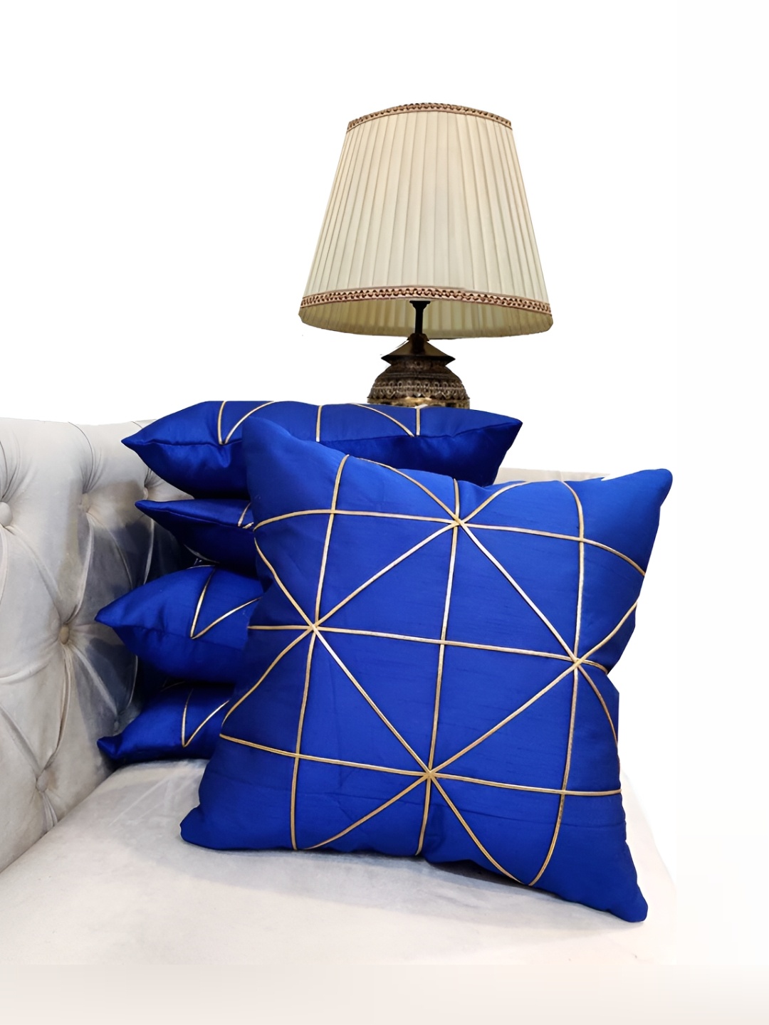 

Good Vibes Blue & Gold-Toned 5 Pieces Geometric Square Cushion Covers