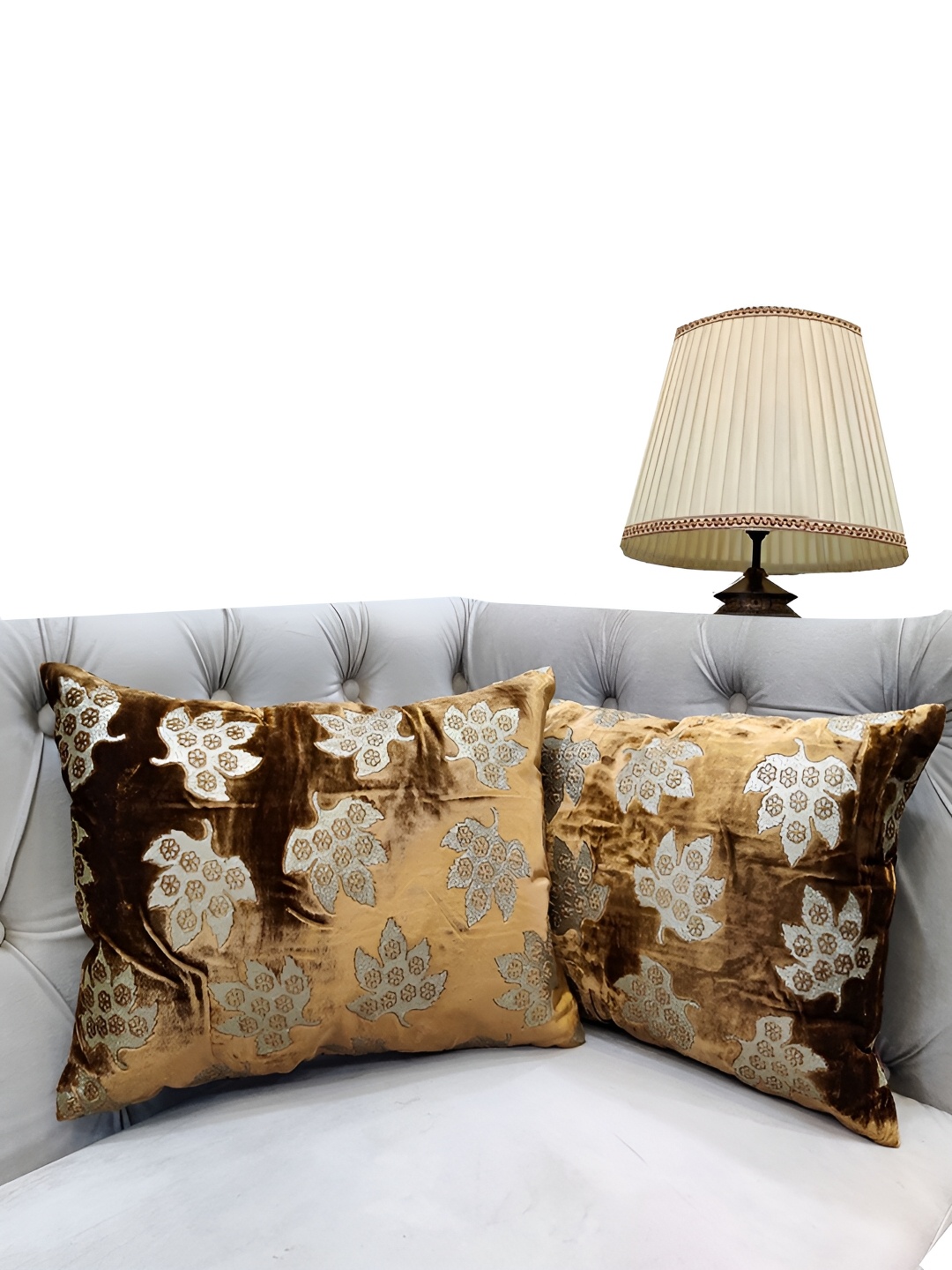 

Good Vibes Brown & Silver-Toned 2 Pieces Floral Textured Velvet Rectangle Cushion Covers