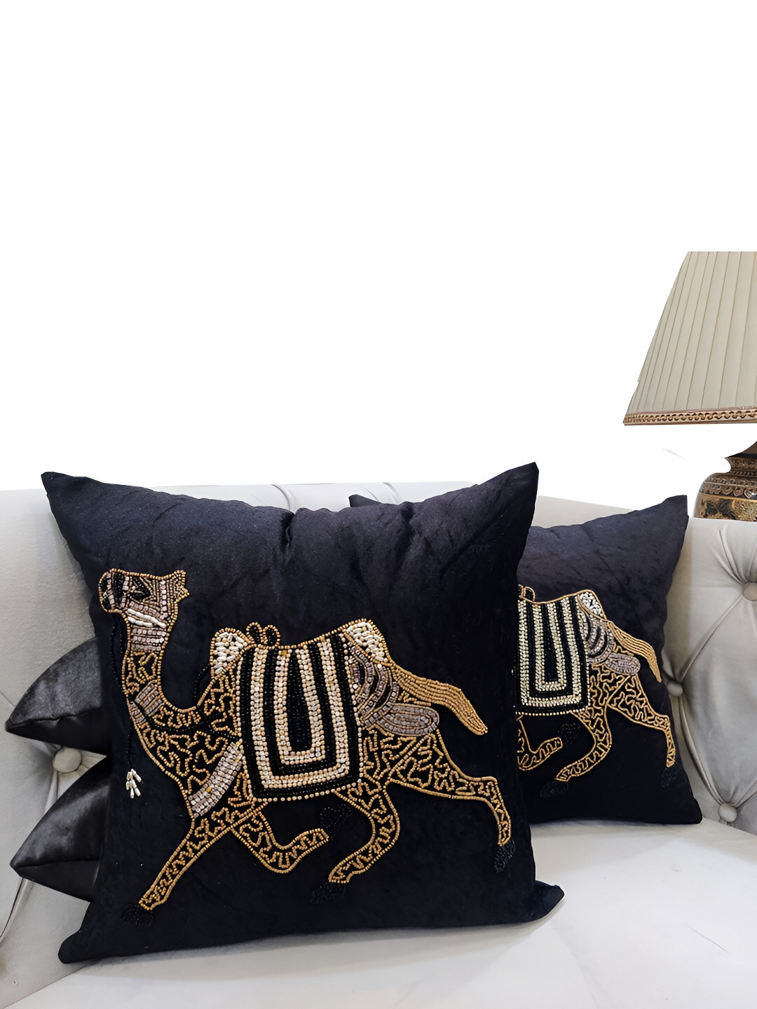 

Good Vibes Black & Beige 3 Pieces Embroidered Velvet Square Cushion Covers