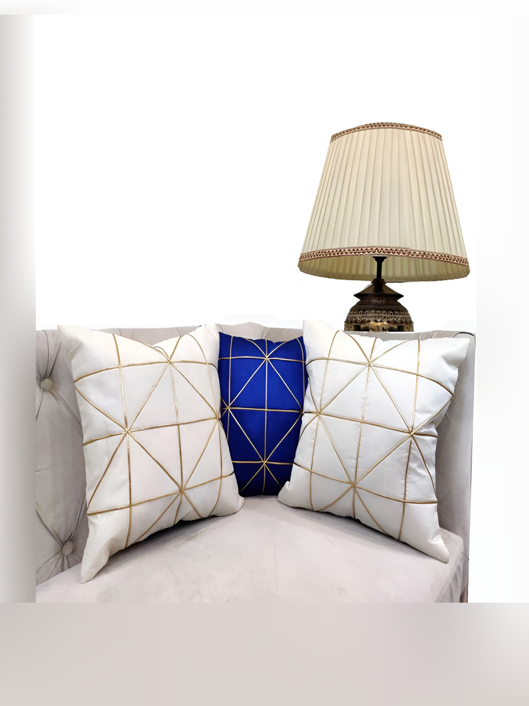 

Good Vibes White & Blue 3 Pieces Geometric Square Cushion Covers
