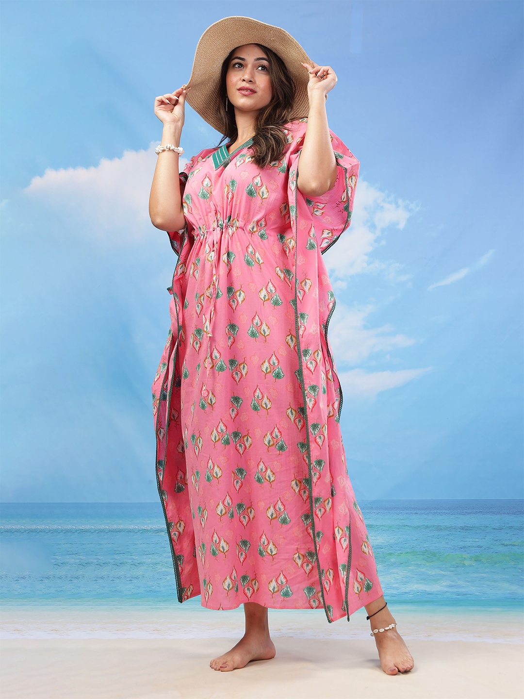

9shines Label Floral Printed Tie Up Gotta Patti Pure Cotton Maxi Kaftan Nightdress, Pink