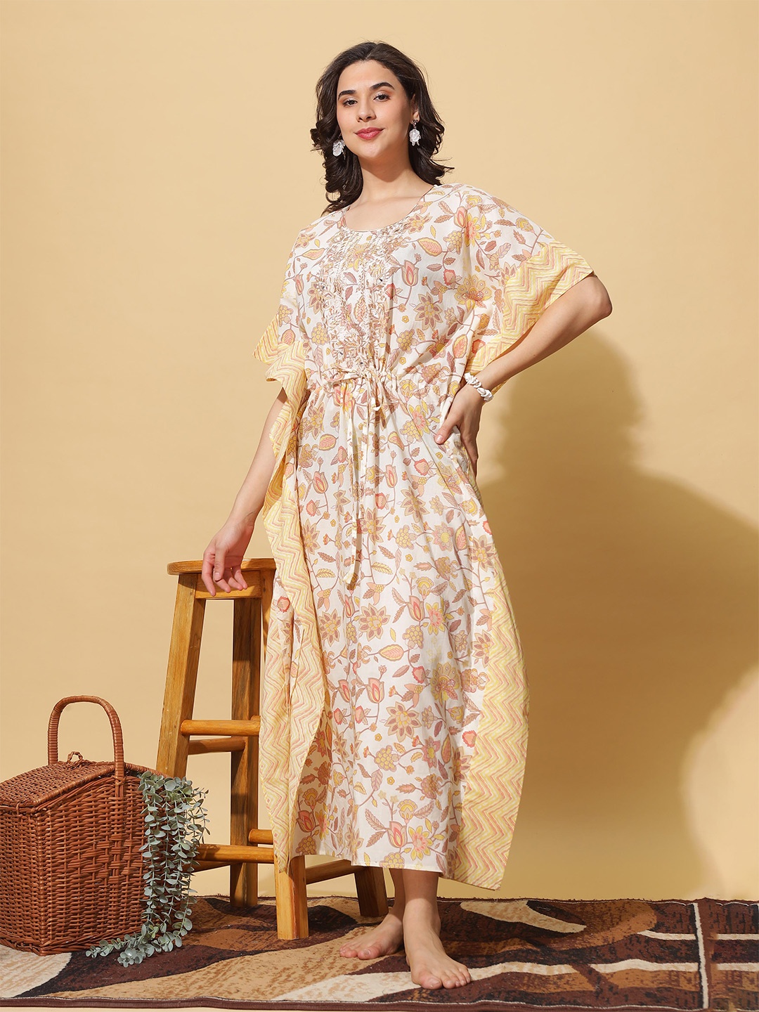 

9shines Label Floral Printed Thread Work Pure Cotton Kaftan Maxi Nightdress, White