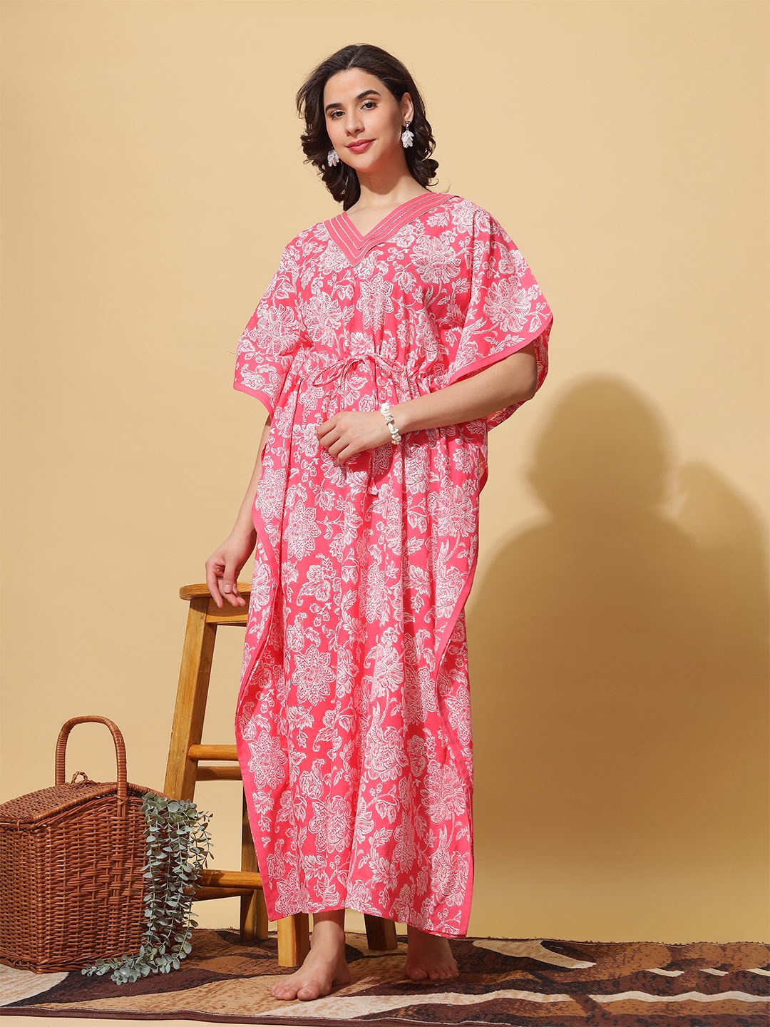 

9shines Label Floral Printed Tie Up Gotta Patti Pure Cotton Maxi Kaftan Nightdress, Pink