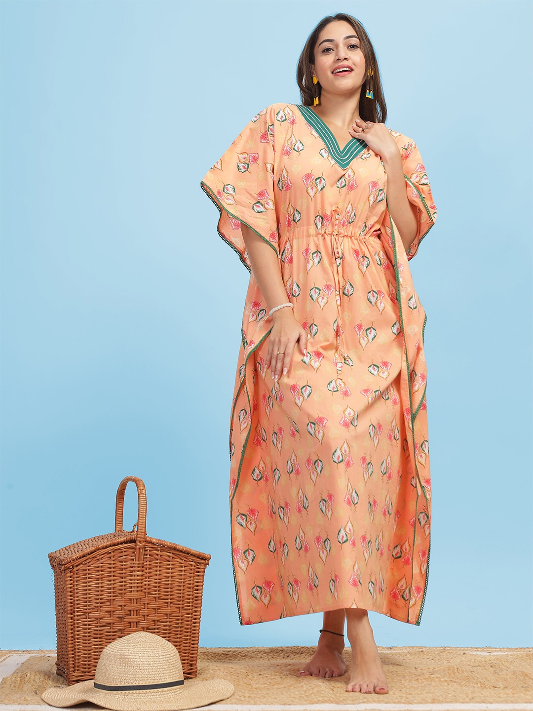 

9shines Label Floral Printed Tie Up Gotta Patti Pure Cotton Maxi Kaftan Nightdress, Orange