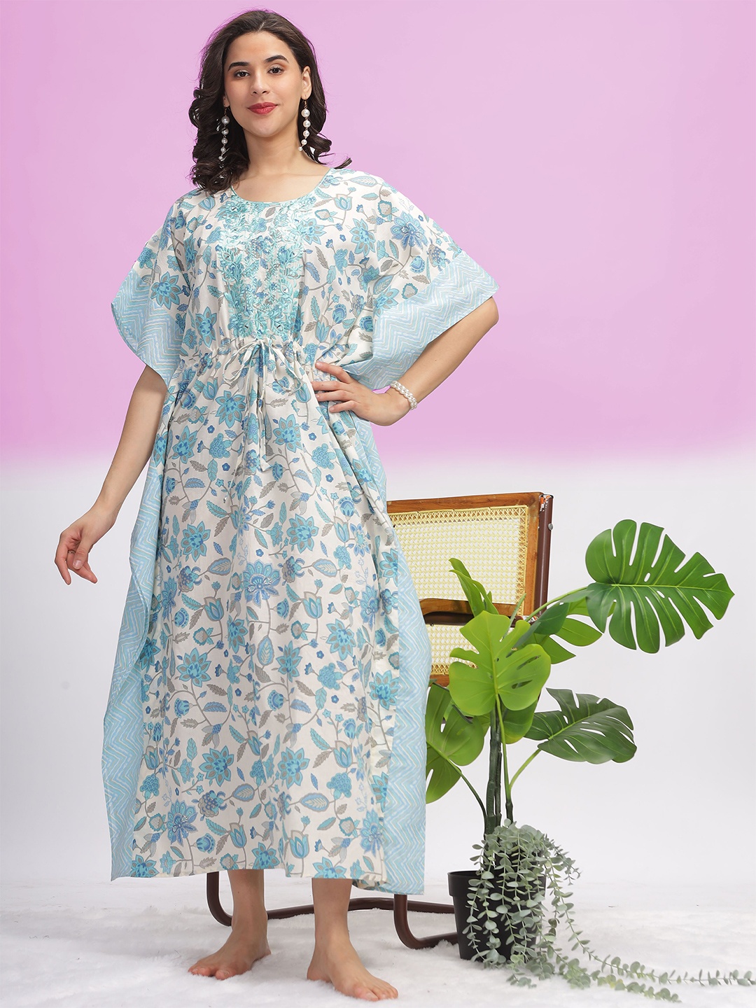 

9shines Label Floral Printed Thread Work Pure Cotton Kaftan Maxi Nightdress, White