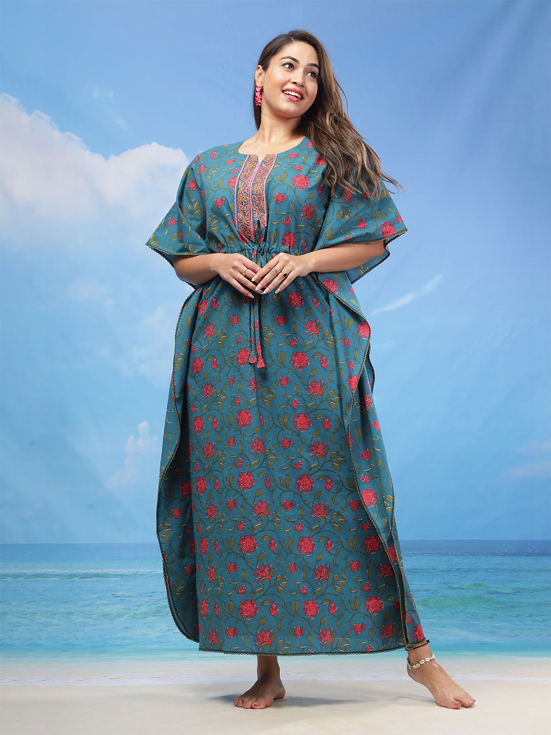 

9shines Label Floral Printed Pure Cotton Tie Up Maxi Kaftan Nightdress, Turquoise blue