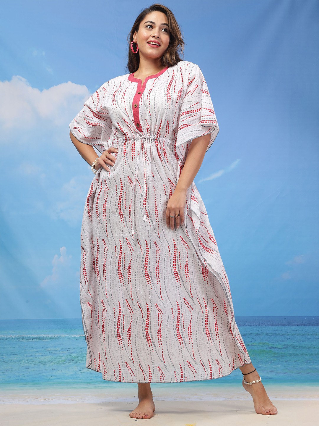 

9shines Label Geometric Printed Tie Up Pure Cotton Maxi Kaftan Nightdress, White