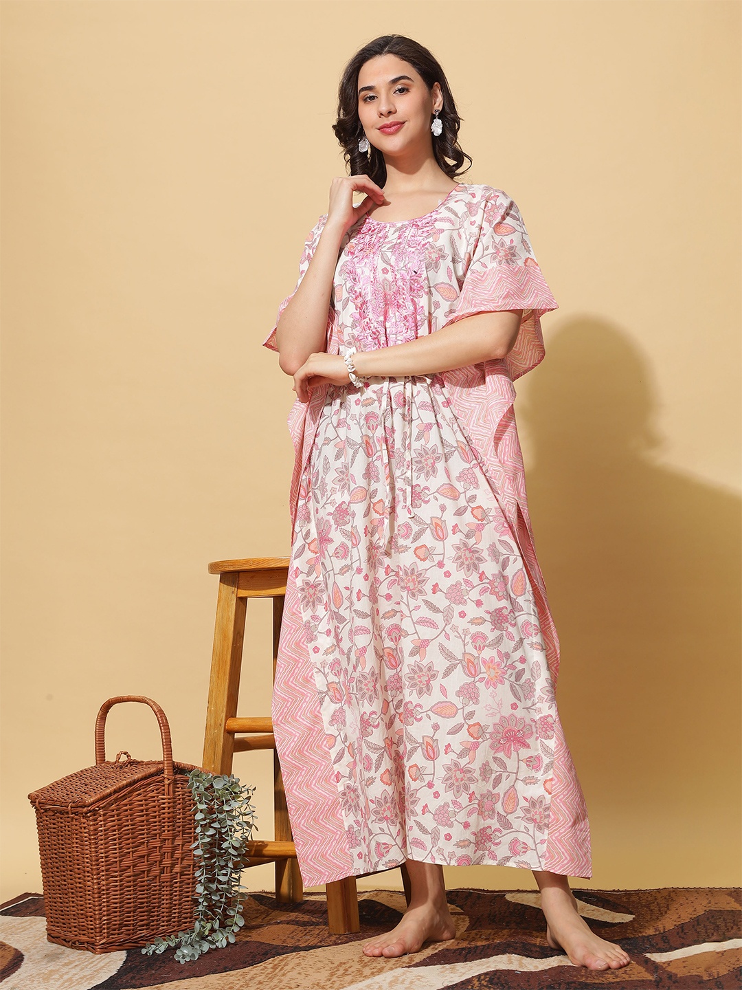 

9shines Label Floral Printed Thread Work Pure Cotton Kaftan Maxi Nightdress, White