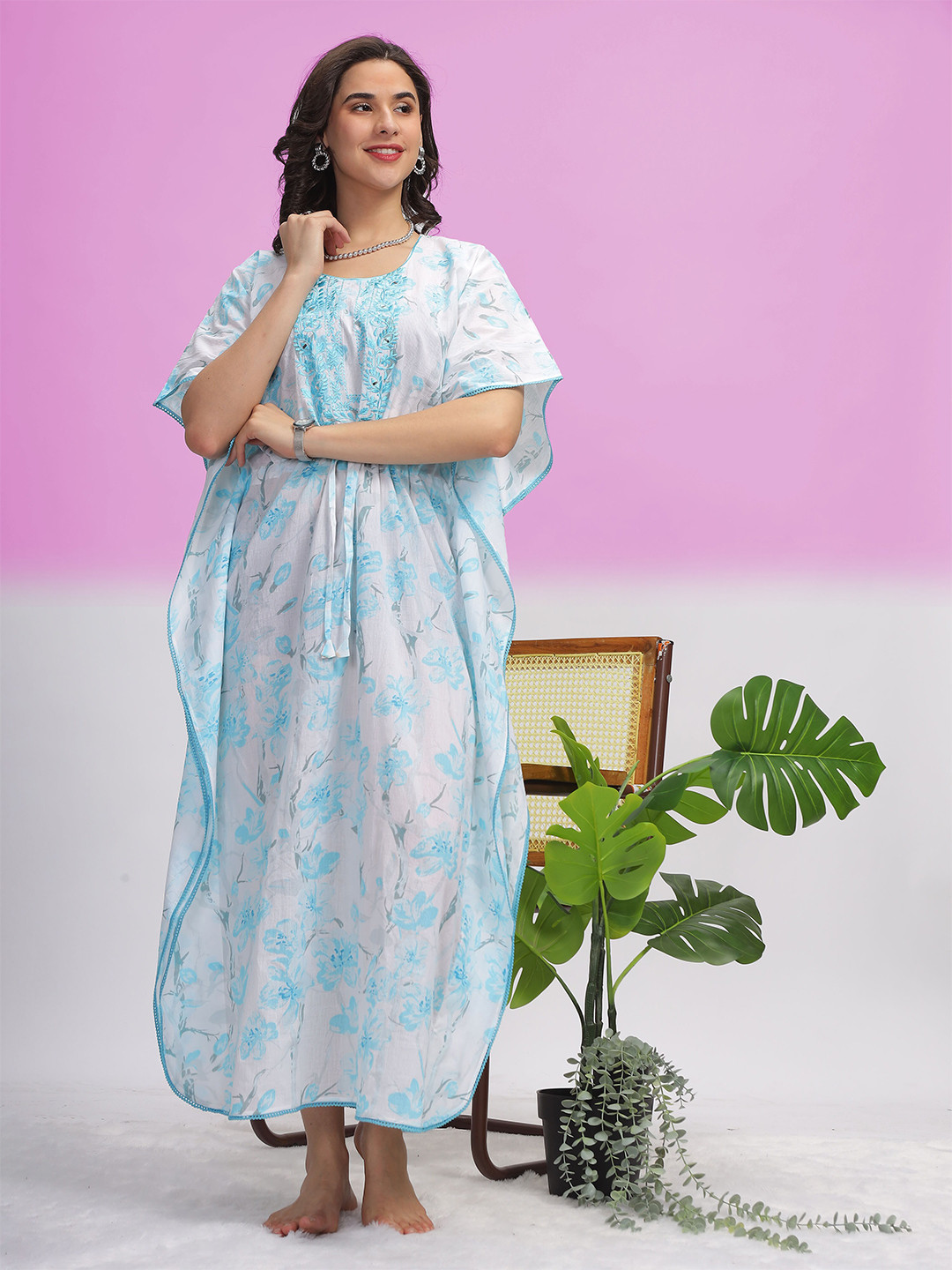 

9shines Label Floral Printed Tie Up Thread Work Pure Cotton Kaftan Maxi Nightdress, White
