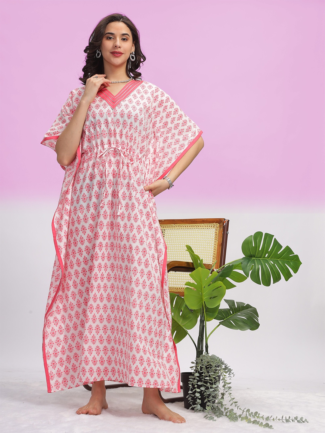 

9shines Label Floral Printed Tie Up Gotta Patti Pure Cotton Maxi Kaftan Nightdress, White