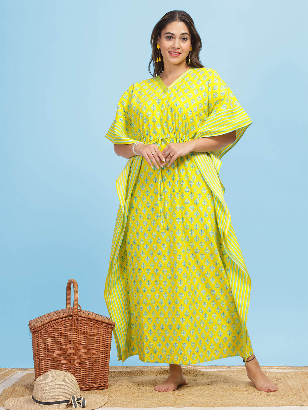 

9shines Label Ethnic Motifs Printed Tie Up Pure Cotton Kaftan Maxi Nightdress, Yellow