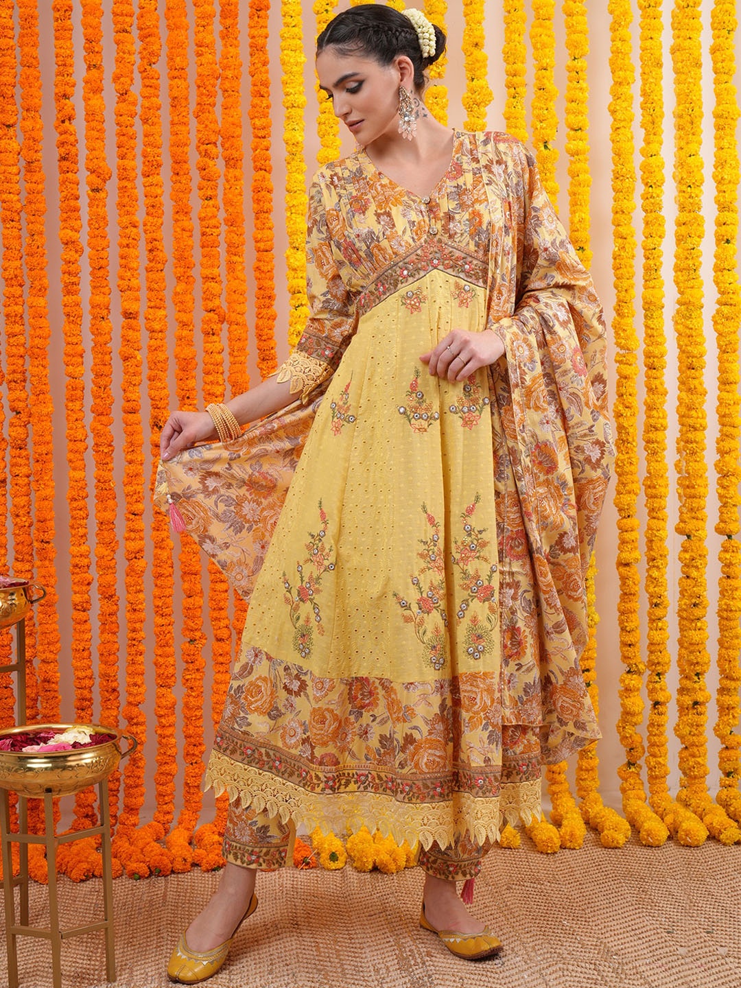 

Vishudh Yellow Floral Printed Empire Pure Cotton Kurta with Trousers & Dupatta