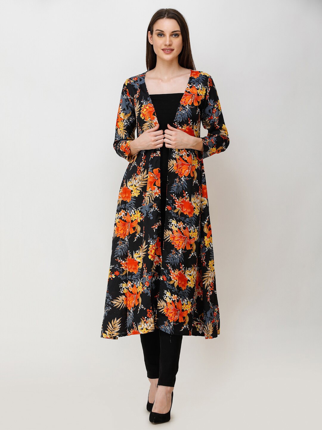 

MINOS Floral Printed Longline Open Front Shrug, Black