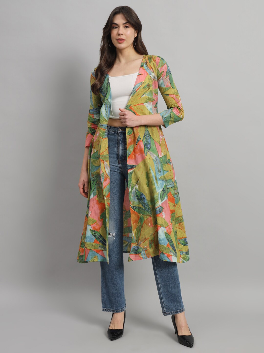 

MINOS Floral Printed Longline Cotton Open Front Shrug, Green