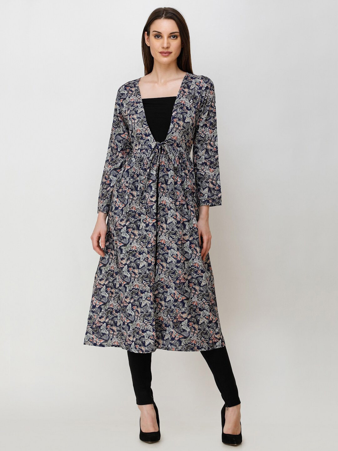 

MINOS Floral Printed Cotton Longline Tie-Up Shrug, Navy blue