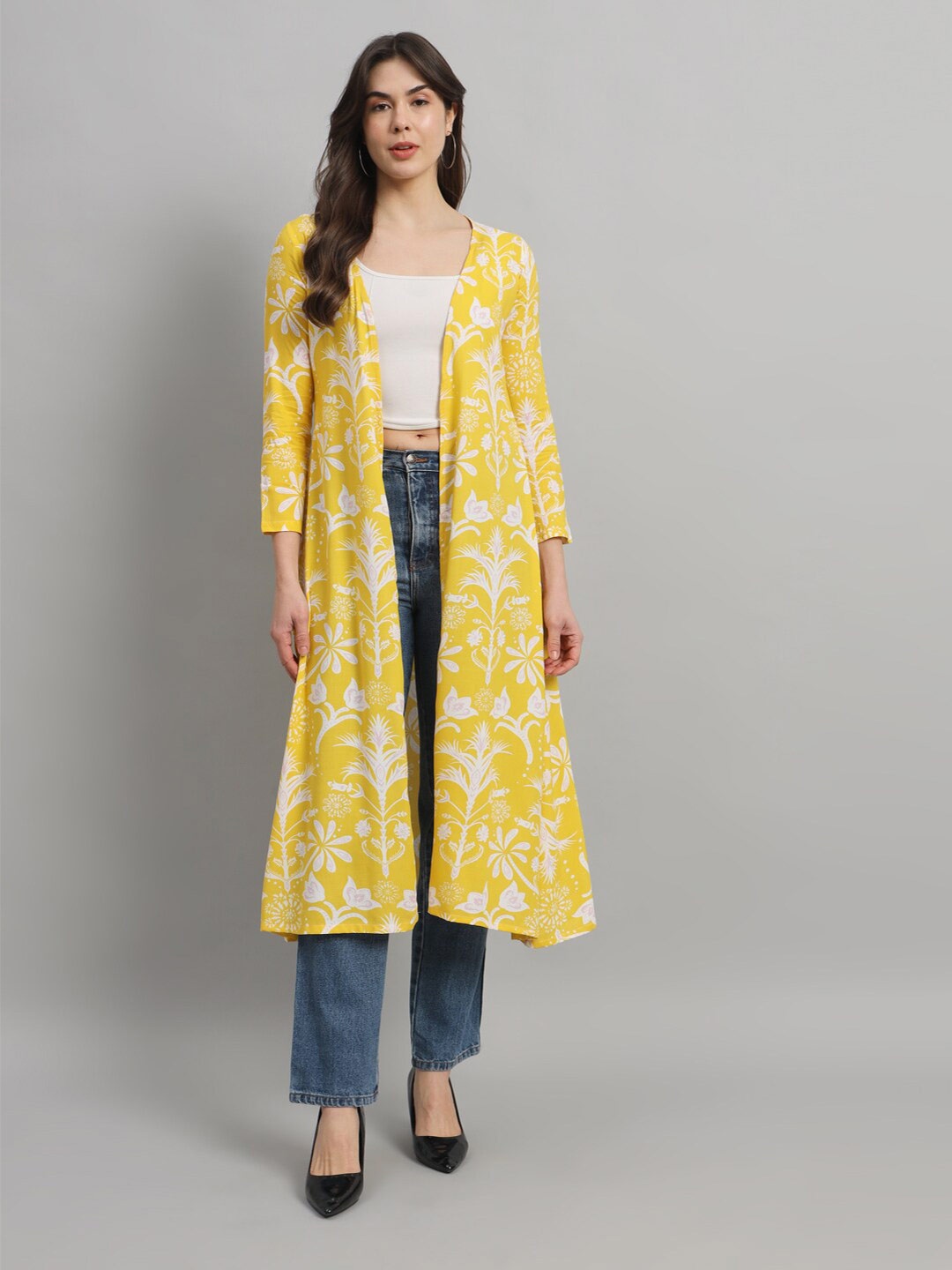 

MINOS Floral Printed Cotton Longline Open Front Shrug, Yellow