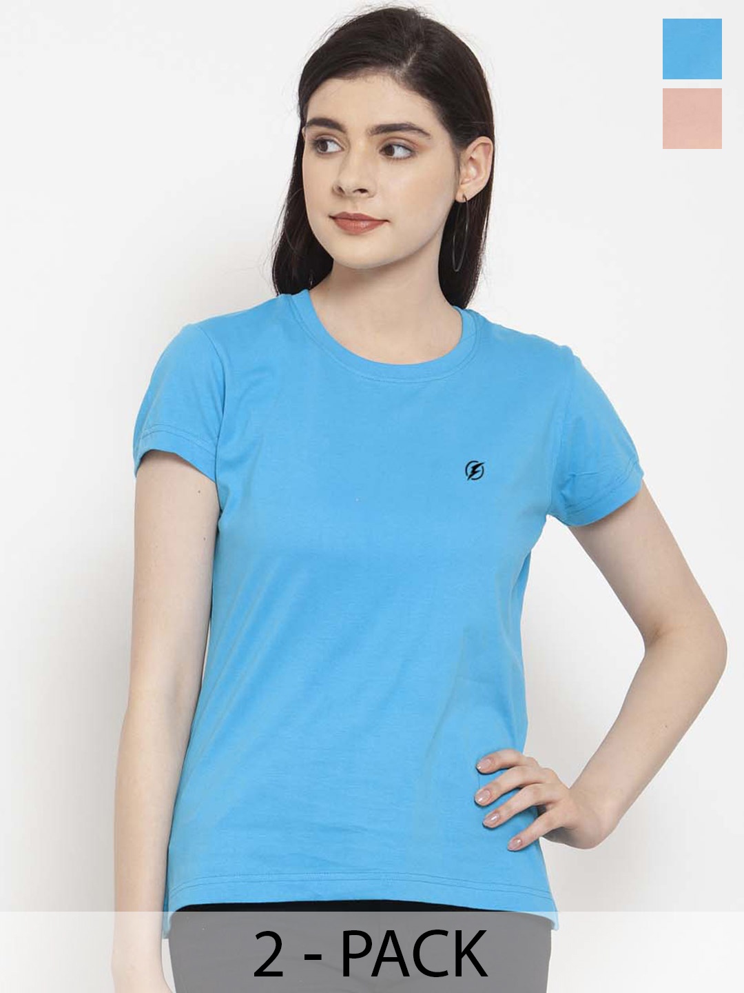 

Friskers Pack Of 2 Round Neck Pure Cotton Slim Fit T-shirts, Turquoise blue