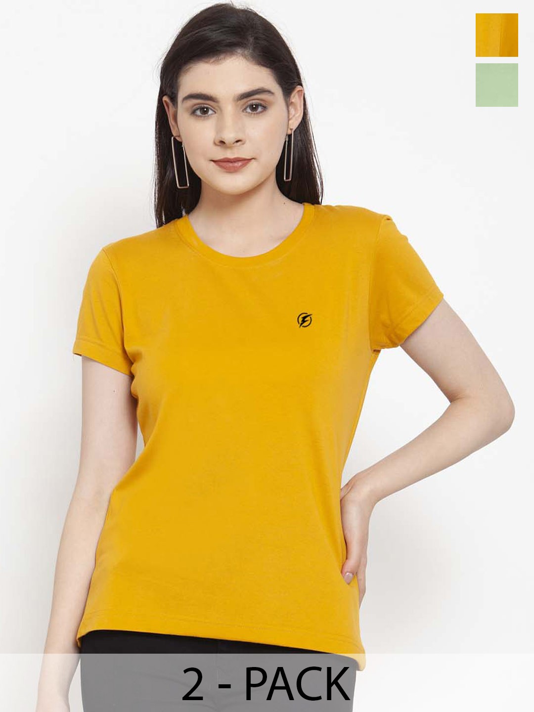 

Friskers Pack Of 2 Slim Fit Round Neck Cotton T-shirts, Mustard