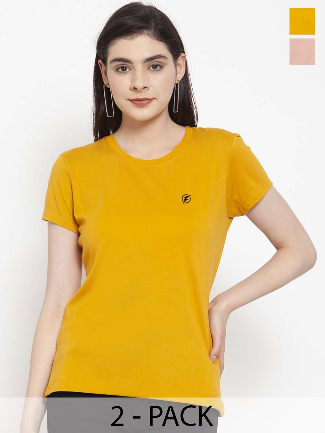 

Friskers Pack Of 2 Round Neck Pure Cotton Slim Fit T-shirts, Mustard