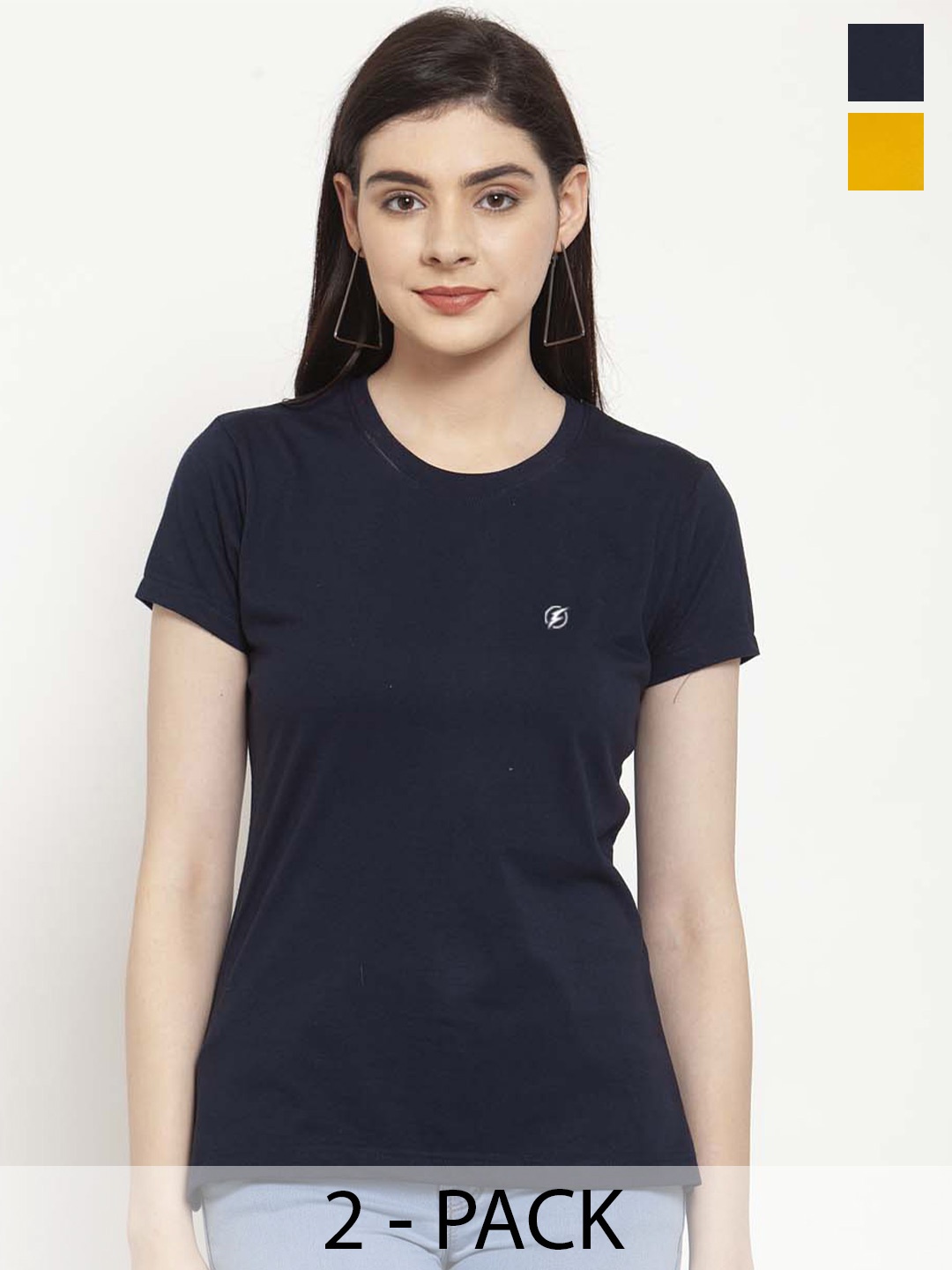 

Friskers Pack Of 2 Round Neck Pure Cotton Slim Fit T-shirts, Navy blue