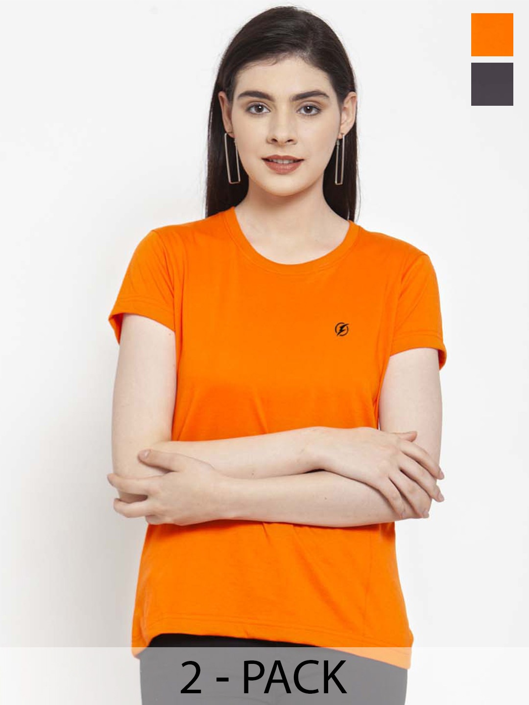 

Friskers Pack Of 2 Round Neck Pure Cotton Slim Fit T-shirts, Orange