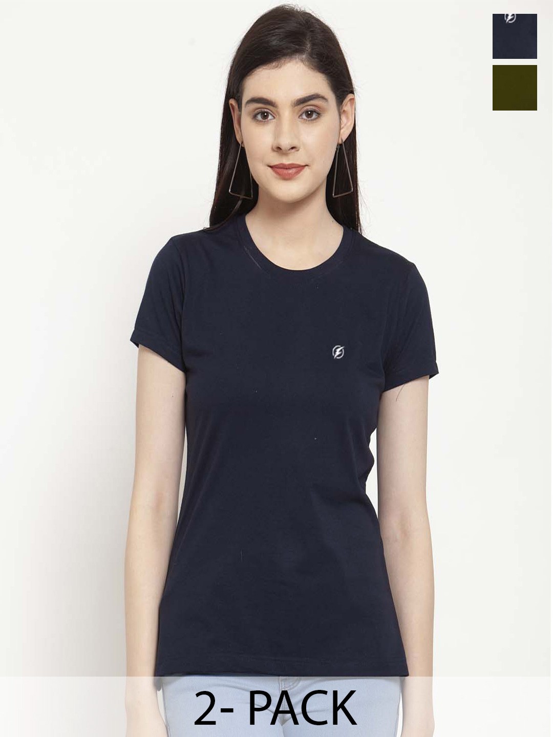 

Friskers Pack Of 2 Round Neck Pure Cotton Slim Fit T-shirts, Navy blue