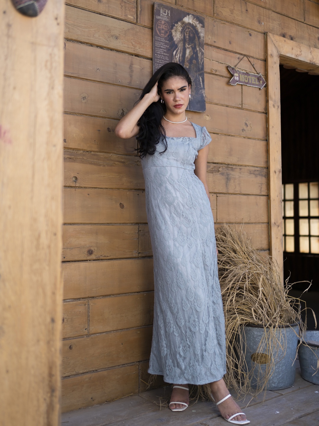 

Stylecast X Hersheinbox Puff Sleeves Lace Inserted Maxi Dress, Blue